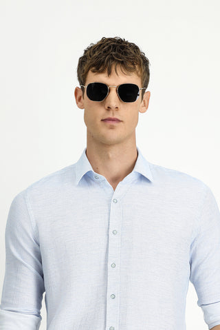  Açık Mavi Uzun Kol Slim Fit Dar Kesim Desenli Spor Pamuk Gömlek