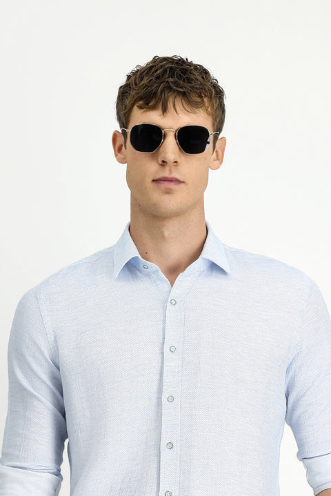 Açık Mavi Uzun Kol Slim Fit Dar Kesim Desenli Spor Pamuk Gömlek