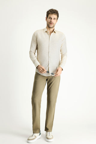  Koyu Bej Uzun Kol Slim Fit Dar Kesim Desenli Spor Pamuk Gömlek