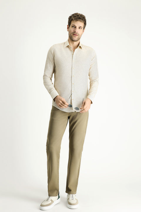 Koyu Bej Uzun Kol Slim Fit Dar Kesim Desenli Spor Pamuk Gömlek