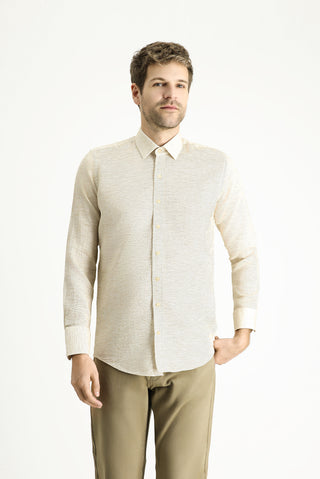  Koyu Bej Uzun Kol Slim Fit Dar Kesim Desenli Spor Pamuk Gömlek