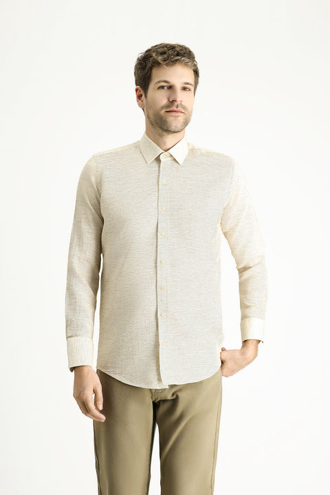 Koyu Bej Uzun Kol Slim Fit Dar Kesim Desenli Spor Pamuk Gömlek