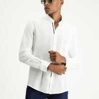 Ekru Uzun Kol Slim Fit Dar Kesim Desenli Spor Pamuk Düğmeli Yaka Gömlek