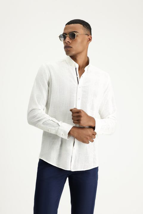 Ekru Uzun Kol Slim Fit Dar Kesim Desenli Spor Pamuk Düğmeli Yaka Gömlek