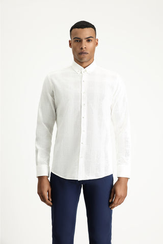  Ekru Uzun Kol Slim Fit Dar Kesim Desenli Spor Pamuk Düğmeli Yaka Gömlek