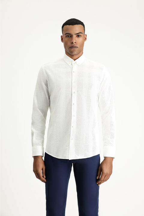 Ekru Uzun Kol Slim Fit Dar Kesim Desenli Spor Pamuk Düğmeli Yaka Gömlek