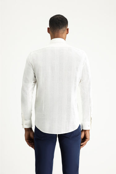  Ekru Uzun Kol Slim Fit Dar Kesim Desenli Spor Pamuk Düğmeli Yaka Gömlek