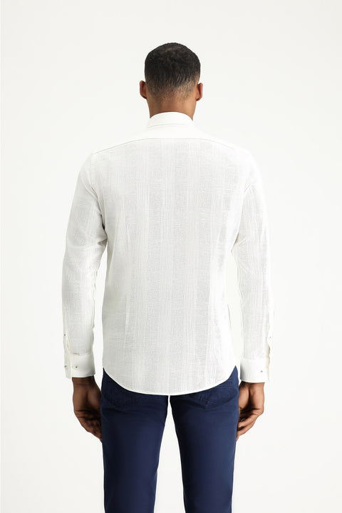 Ekru Uzun Kol Slim Fit Dar Kesim Desenli Spor Pamuk Düğmeli Yaka Gömlek