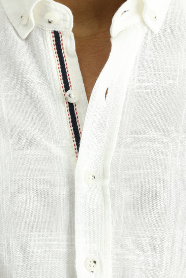 Ekru Uzun Kol Slim Fit Dar Kesim Desenli Spor Pamuk Düğmeli Yaka Gömlek