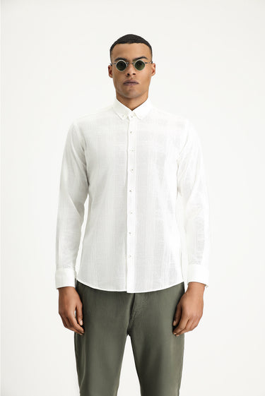 Ekru Uzun Kol Slim Fit Dar Kesim Desenli Spor Pamuk Düğmeli Yaka Gömlek