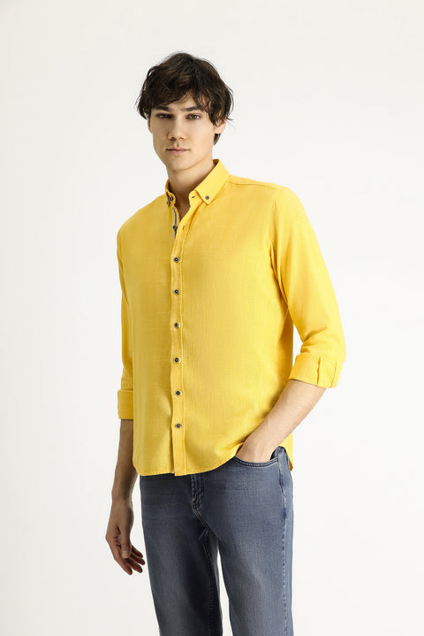 Koyu Sarı Uzun Kol Slim Fit Dar Kesim Desenli Spor Pamuk Düğmeli Yaka Gömlek