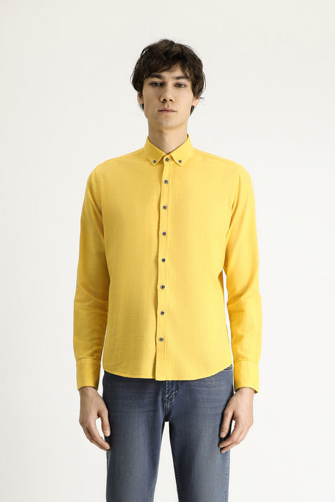 Koyu Sarı Uzun Kol Slim Fit Dar Kesim Desenli Spor Pamuk Düğmeli Yaka Gömlek