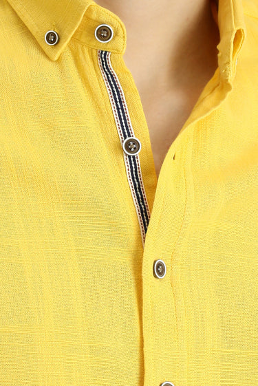 Koyu Sarı Uzun Kol Slim Fit Dar Kesim Desenli Spor Pamuk Düğmeli Yaka Gömlek