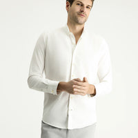 Ekru Uzun Kol Slim Fit Dar Kesim Twill Pamuk Düğmeli Yaka Gömlek
