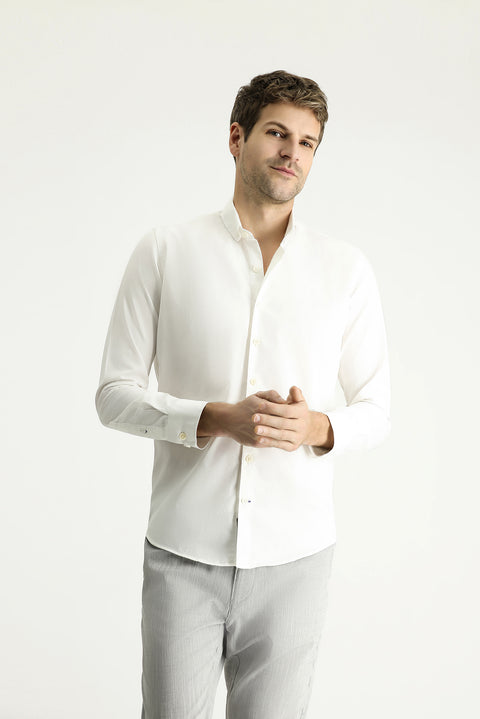Ekru Uzun Kol Slim Fit Dar Kesim Twill Pamuk Düğmeli Yaka Gömlek