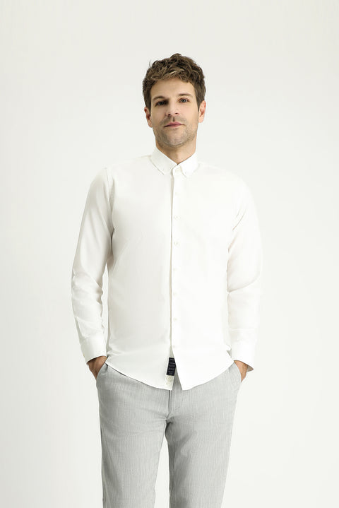 Ekru Uzun Kol Slim Fit Dar Kesim Twill Pamuk Düğmeli Yaka Gömlek