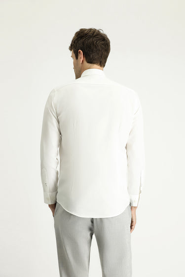  Ekru Uzun Kol Slim Fit Dar Kesim Twill Pamuk Düğmeli Yaka Gömlek