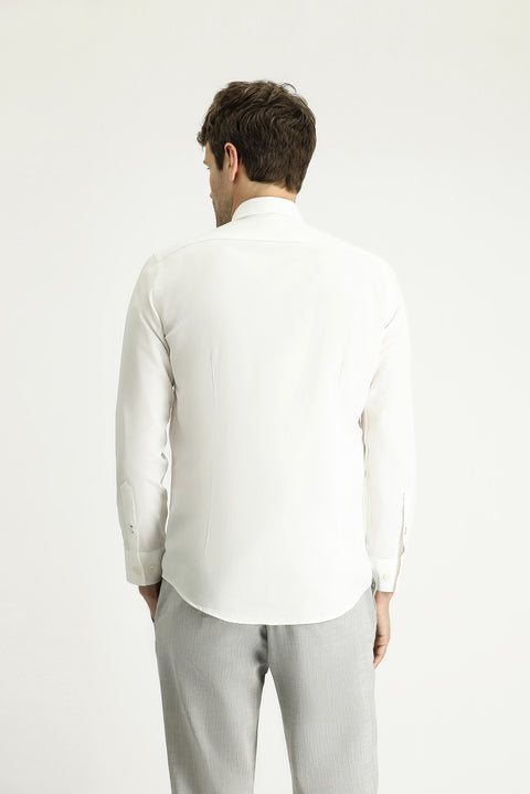 Ekru Uzun Kol Slim Fit Dar Kesim Twill Pamuk Düğmeli Yaka Gömlek