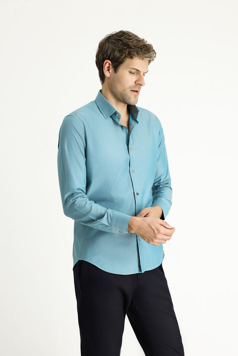 Petrol Yeşili Uzun Kol Slim Fit Dar Kesim Spor Pamuk Gömlek