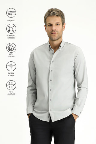  Açık Gri Techno-Line Uzun Kol Slim Fit Dar Kesim Likralı Gömlek