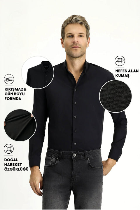 Koyu Lacivert Techno-Line Uzun Kol Slim Fit Dar Kesim Likralı Gömlek