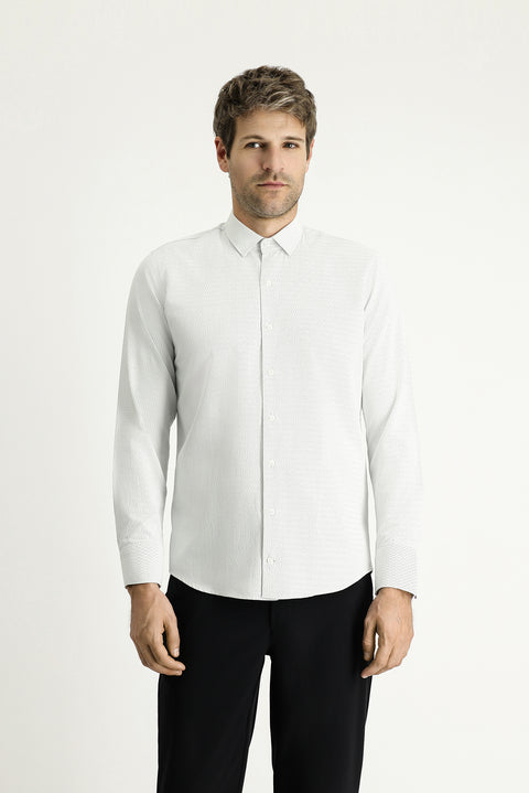 Açık Gri Uzun Kol Slim Fit Dar Kesim Desenli Pamuklu Kolay Ütülenebilir Düğmeli Yaka Gömlek