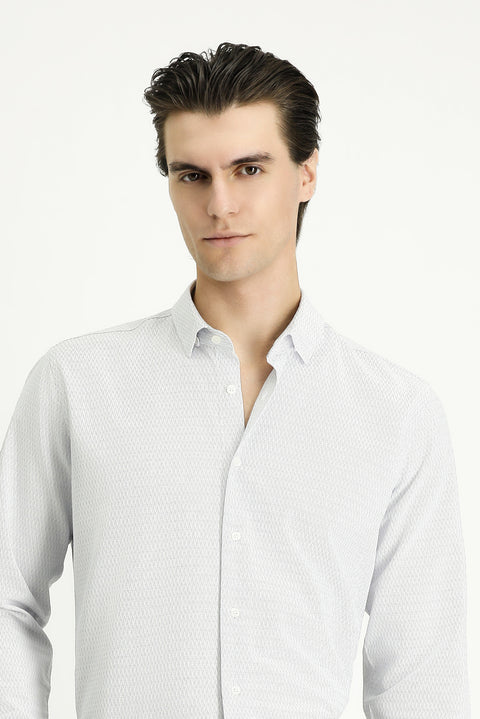 Açık Lacivert Uzun Kol Slim Fit Dar Kesim Desenli Pamuklu Kolay Ütülenebilir Düğmeli Yaka Gömlek