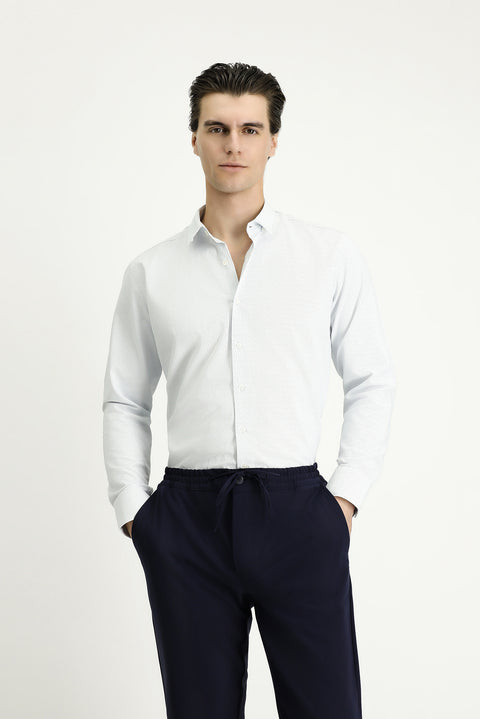 Mavi Uzun Kol Slim Fit Dar Kesim Desenli Pamuklu Kolay Ütülenebilir Düğmeli Yaka Gömlek