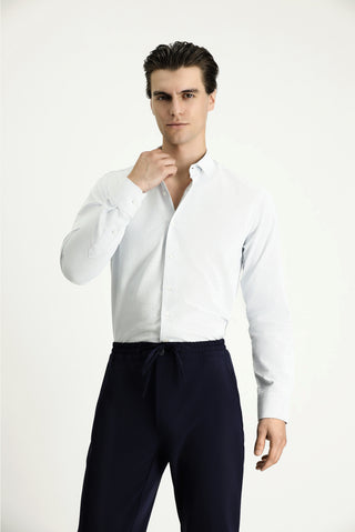  Mavi Uzun Kol Slim Fit Dar Kesim Desenli Pamuklu Kolay Ütülenebilir Düğmeli Yaka Gömlek