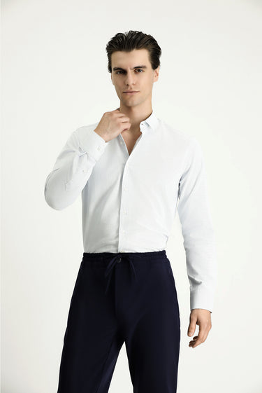 Mavi Uzun Kol Slim Fit Dar Kesim Desenli Pamuklu Kolay Ütülenebilir Düğmeli Yaka Gömlek