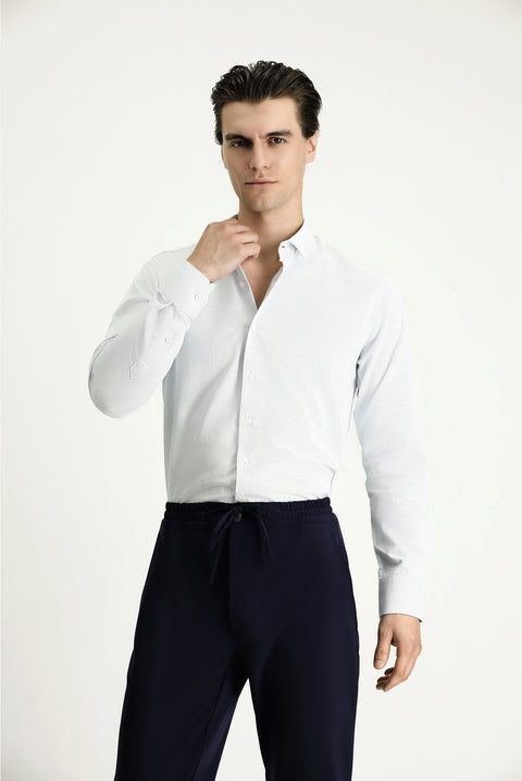 Mavi Uzun Kol Slim Fit Dar Kesim Desenli Pamuklu Kolay Ütülenebilir Düğmeli Yaka Gömlek