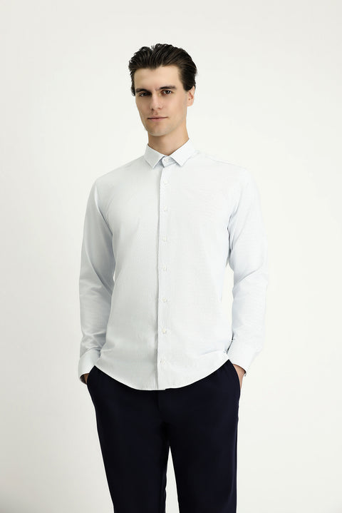 Mavi Uzun Kol Slim Fit Dar Kesim Desenli Pamuklu Kolay Ütülenebilir Düğmeli Yaka Gömlek