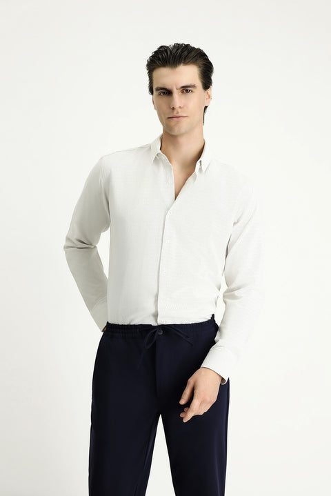 Açık Vizon Uzun Kol Slim Fit Dar Kesim Desenli Pamuklu Kolay Ütülenebilir Düğmeli Yaka Gömlek