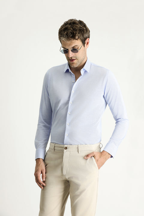 Gök Mavisi Uzun Kol Slim Fit Dar Kesim Spor Örme Pamuklu Kolay Ütülenebilir Gömlek