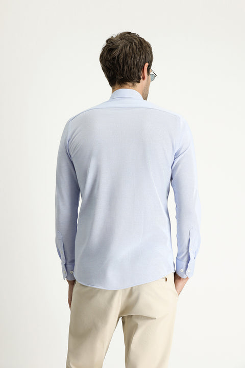 Gök Mavisi Uzun Kol Slim Fit Dar Kesim Spor Örme Pamuklu Kolay Ütülenebilir Gömlek