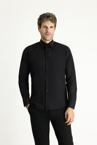Siyah Uzun Kollu Slim Fit Dar Kesim Klasik Pamuklu Kolay Ütülenebilir Gömlek