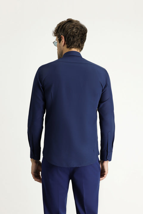 Orta Lacivert Uzun Kollu Slim Fit Dar Kesim Klasik Pamuklu Kolay Ütülenebilir Gömlek