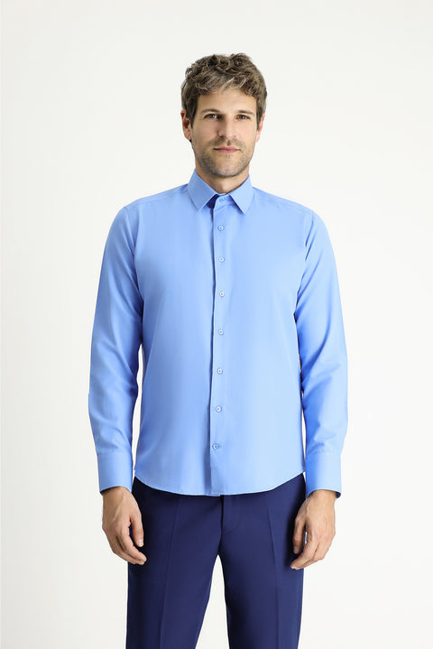 Mavi Uzun Kollu Slim Fit Dar Kesim Klasik Pamuklu Kolay Ütülenebilir Gömlek