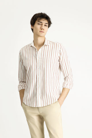  Taba Uzun Kol Slim Fit Dar Kesim Çizgili Keten Karışımlı Gömlek