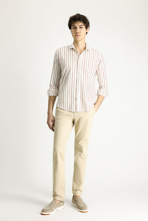 Taba Uzun Kol Slim Fit Dar Kesim Çizgili Keten Karışımlı Gömlek