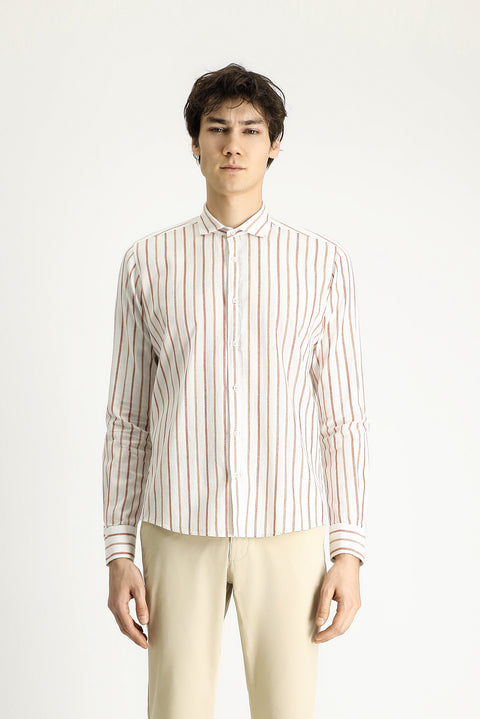 Taba Uzun Kol Slim Fit Dar Kesim Çizgili Keten Karışımlı Gömlek