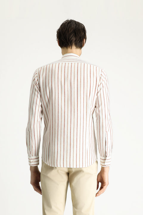 Taba Uzun Kol Slim Fit Dar Kesim Çizgili Keten Karışımlı Gömlek