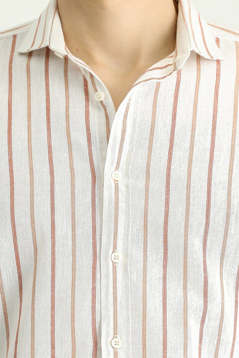 Taba Uzun Kol Slim Fit Dar Kesim Çizgili Keten Karışımlı Gömlek