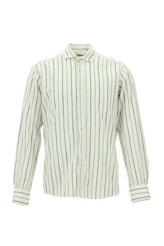  Mint Yeşili Uzun Kol Slim Fit Dar Kesim Çizgili Keten Gömlek