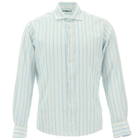 Açık Turkuaz Uzun Kol Slim Fit Dar Kesim Çizgili Keten Gömlek