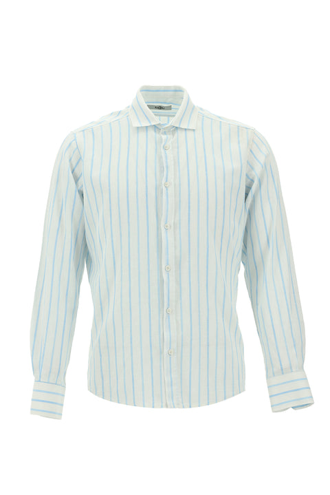 Açık Turkuaz Uzun Kol Slim Fit Dar Kesim Çizgili Keten Gömlek