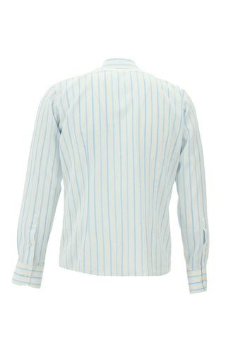  Açık Turkuaz Uzun Kol Slim Fit Dar Kesim Çizgili Keten Gömlek