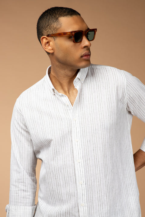 Light Grey Long Sleeve Slim Fit Narrow Cut Striped Sport Linen Blend Cotton Button-Down Shirt