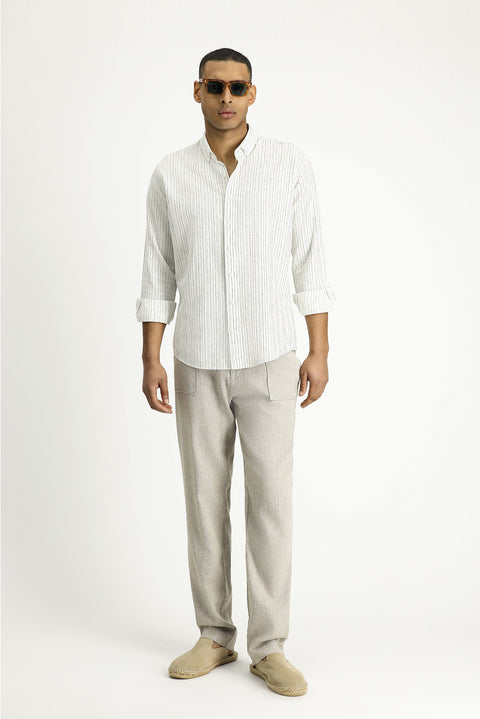 Light Grey Long Sleeve Slim Fit Narrow Cut Striped Sport Linen Blend Cotton Button-Down Shirt