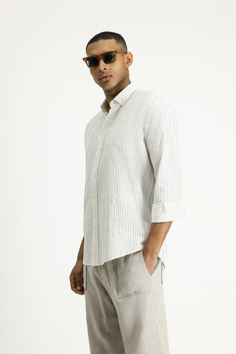 Light Grey Long Sleeve Slim Fit Narrow Cut Striped Sport Linen Blend Cotton Button-Down Shirt